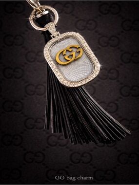 GG Black Tassel Style Key Charm with Gold Logo and Crystal Trim-Swivels